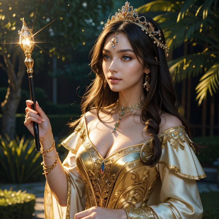 (​masterpiece, best quality:1.5), highest quality, High resolution, super detailed, Realists, Upper body photo of a brunette sorceress, detailed and beautiful eyes, beautiful detailed lips, very detailed eyes and face, longeyelashes, shiny satin dress, Holding a magic wand in your hand and performing eine Transformation spell, Glowing wands available,  Beautiful and colorful makeup, elegant and noble々The jewelry bag, Gardens as background, soft daylight, bright colors, fine brushstrokes, Portrait style, Silk dress fabric, beautiful color palette, glowing skin, First-class rendering, that captures every detail, enchanting atmosphere, subtle shadows and lights, (perfect anatomy:1.2), (The two stunning sorceresses transform birds into jewelry) (eine Transformation):1.4), (magnificent panorama view:1.2)