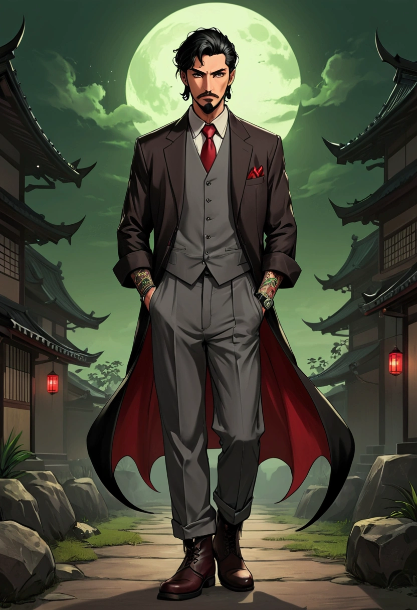 ((Artwork, 8K, low light)), 1 man, alone, with goatee, green eyes, black hair in formal style, wearing a gray suit with a red tie with rolled up sleeves, wearing black pants, wearing two boots, with a tattoo on his right arm, wearing a watch on his left wrist, wearing a dark brown leather haori, serious look, with demon horns and demon tail.