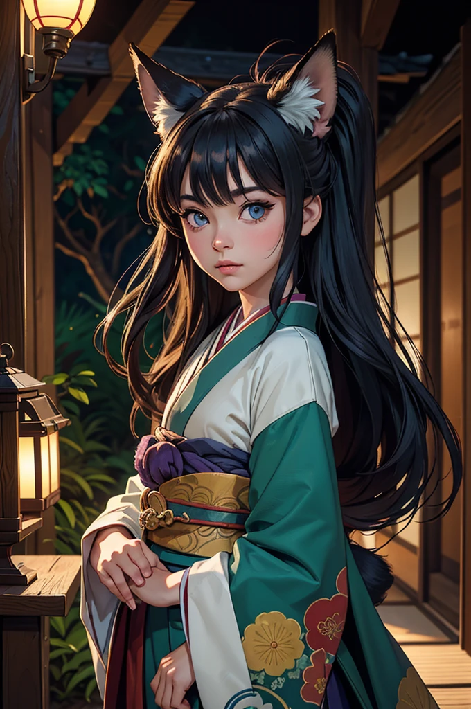 realistic, analog photo, Masterpiece, RAW photo, full-length portrait, hyper realistic, ultra detailed image, Kizune, (mythical Creature of Japanese Mythology And Folklore), detailed portrait of anthropomorphic she-fox, with fox tail, in traditional japan garden, moonlight, little spotlight, fractal, cover, detailed background, depth of field, HOF, hall of fame, detailed beautiful eyes, detailed beautiful face, natural body posture, lifelike skin texture, kodak portra 400, 16k, ultra detailed, bokeh lighting, dark fantasy atmospheric, fantasy aura, film grain, cinematic light, cinematic composition, depth of field, rim light