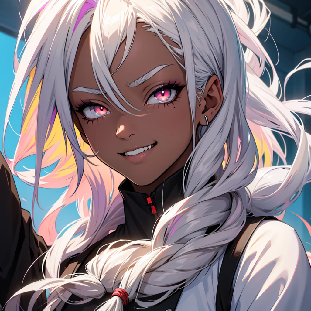 white hair, dreadlocks, expressive hair, cloud hair, afro, streaked hair, multicolored eyes, mismatched pupils, mismatched sclera, surgical mask, Gradient eyes, longeyelashes, upturned eyes, makeup, Serious, jitome, skin fang, long tongue, fang, crazy smile, Surrealism, Cubist Futurism, アニメ style, アニメ, depth of field, glowing light, projected inset, cowboy shot, close-up, lens flare, 8k, super detail, uhd, masterpiece, accurate, anatomically correct, textured skin, textured skin, high details, high details, award winning, best quality, highres、Sexy Nurse、Black、Beauty、Pull the mask with your hands、A crazy smile from under the mask、colorful、Concept Art、Lens flare、Background Single Color、colorfulなイラスト、Detailed、Breathtakingly artistic、Incredibly stylish、Horror、Dark skin、Black Skin、Menhera、spooky、Exposed skin、Bewitching beauty
