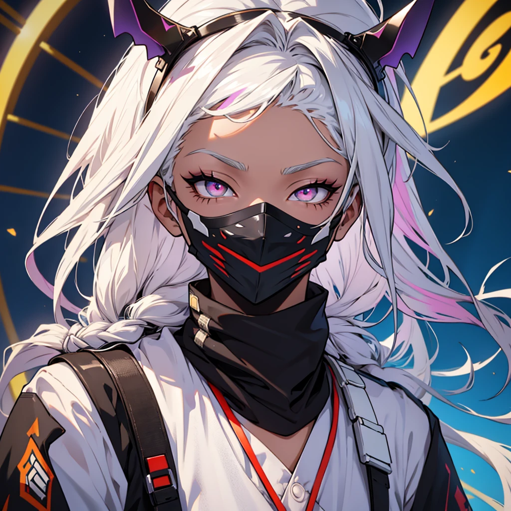 white hair, dreadlocks, expressive hair, cloud hair, afro, streaked hair, multicolored eyes, mismatched pupils, mismatched sclera, surgical mask, Gradient eyes, longeyelashes, upturned eyes, makeup, Serious, jitome, skin fang, long tongue, fang, crazy smile, Surrealism, Cubist Futurism, アニメ style, アニメ, depth of field, glowing light, projected inset, cowboy shot, close-up, lens flare, 8k, super detail, uhd, masterpiece, accurate, anatomically correct, textured skin, textured skin, high details, high details, award winning, best quality, highres、Sexy Nurse、Black、Beauty、Pull the mask with your hands、A crazy smile from under the mask、colorful、Concept Art、Lens flare、Background Single Color、colorfulなイラスト、Detailed、Breathtakingly artistic、Incredibly stylish、Horror、Dark skin、Black Skin、Menhera、spooky、Exposed skin、Bewitching beauty