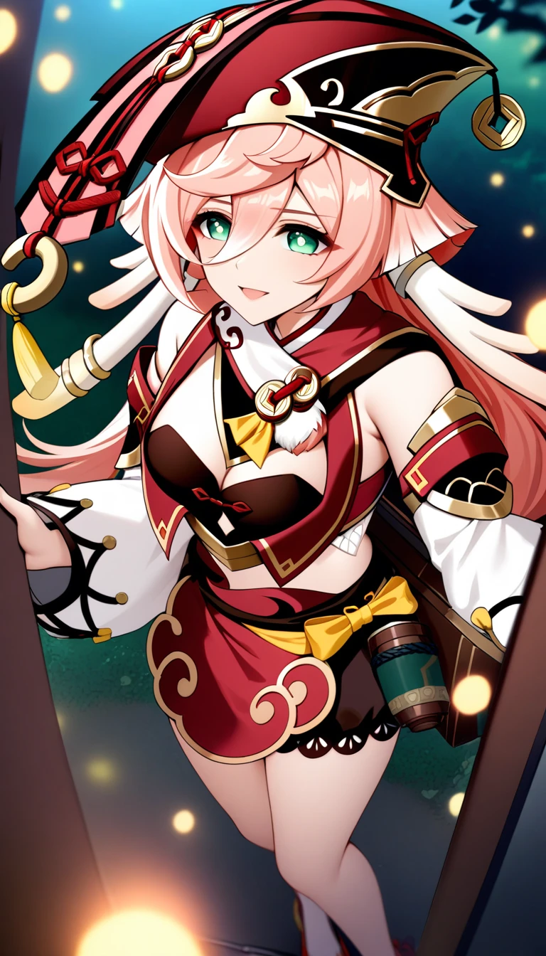 masterpiece, best quality, very aesthetic, absurdres, 1girl, mature_lady,,1girl, yanfei \(genshin impact\), genshin impact, pink hair, long hair, green eyes, breasts, red headwear, hair between eyes, detached sleeves, hat, bare shoulders, long sleeves,in a bus,glowing stardust frontground,fantasy,sparkling,fireflies,from above