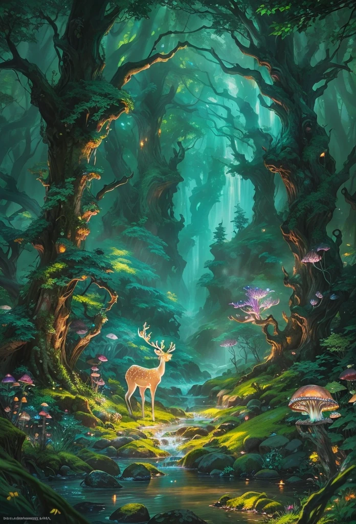 (Enchanted Forest 7,Magical creatures,(glowing mushrooms),sparkling waterfalls,fantasy,Leonora Carrington,a fantasy forest,Hazy perspective,sunlight filtering through the trees,(Glowing sika deer),Rich in color,assignment,light and shadow effect,k hd,tmasterpiece,Detailed details,depth of fields