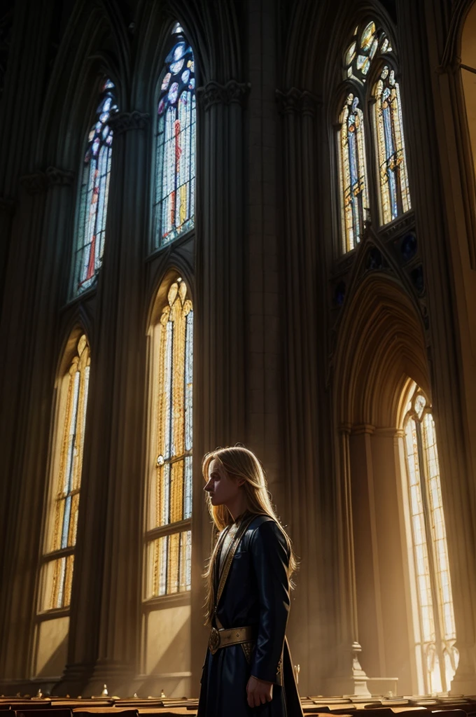 man miron aquino dreamscape, epic, mystical,, glowing sapphire gemstones, golden sunlight, cathedral, HDR, 32k, golden blonde hair, silhouette