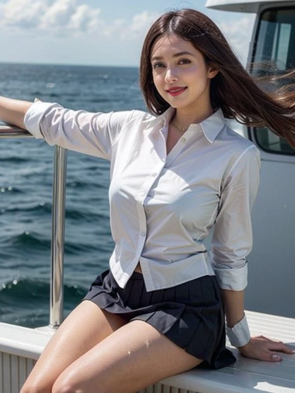 Gray background、pubic hair、Large Breasts、Thighs、Red lipstick、Cute woman、White shirt、(Navy blue skirt)、smile、Open chest shirt、(A wet shirt with underwear showing through)、Wet Hair、Gazing at the sea、smile、On the boat、Raising his arms、Looking from below、Cloud、blue sea、(Hair tousled by the wind)、Light pink pleated skirt、