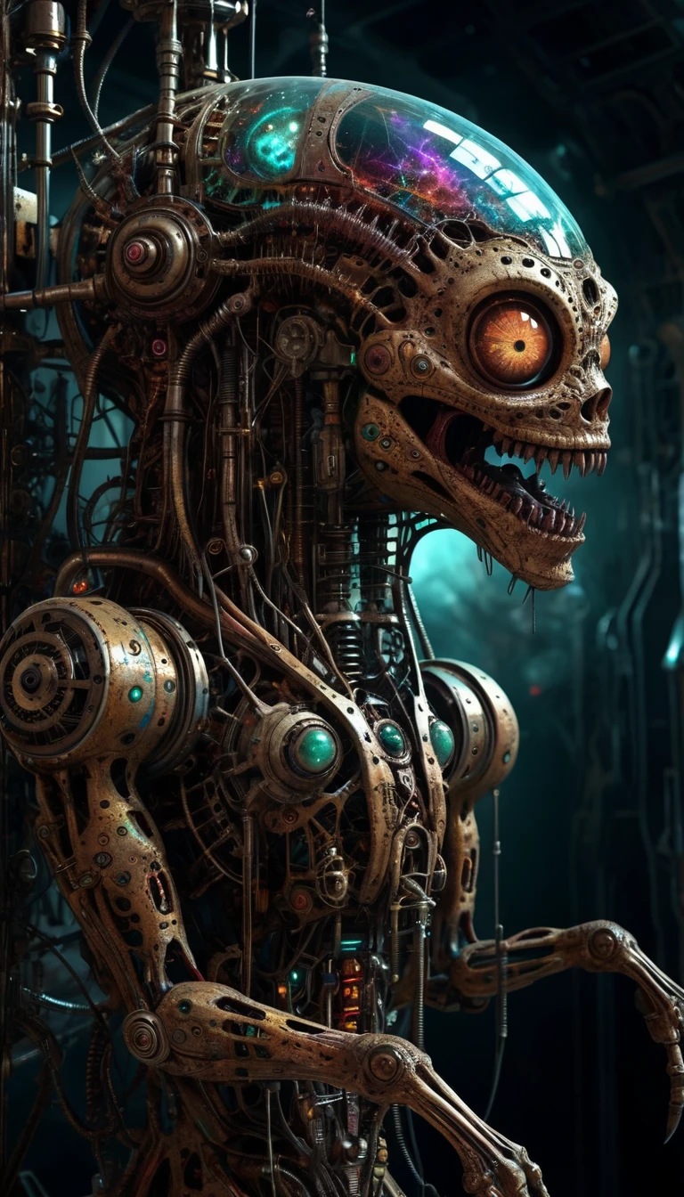 alien cosmic machinery creature, sci-fi horror, intricate details of mechanism, scary, doomy, moody atmosphere, psychodelic, space, 