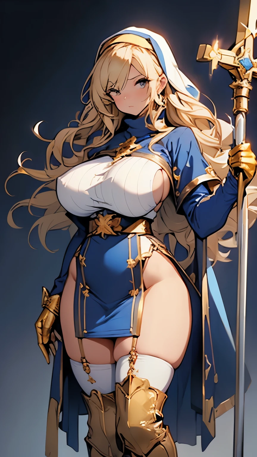 Blonde、Nuns、(Great gold gauntlet、Gold boots)、(Blue turtleneck dress、Blue tight mini skirt、White knee-high socks、Gold Garter Belt、Gold string panties )、(Huge breasts、Sideboob、Wide Hips、Thick thighs、Plump、curve、glamorous)、NSFW、Holding a giant gold cross mace