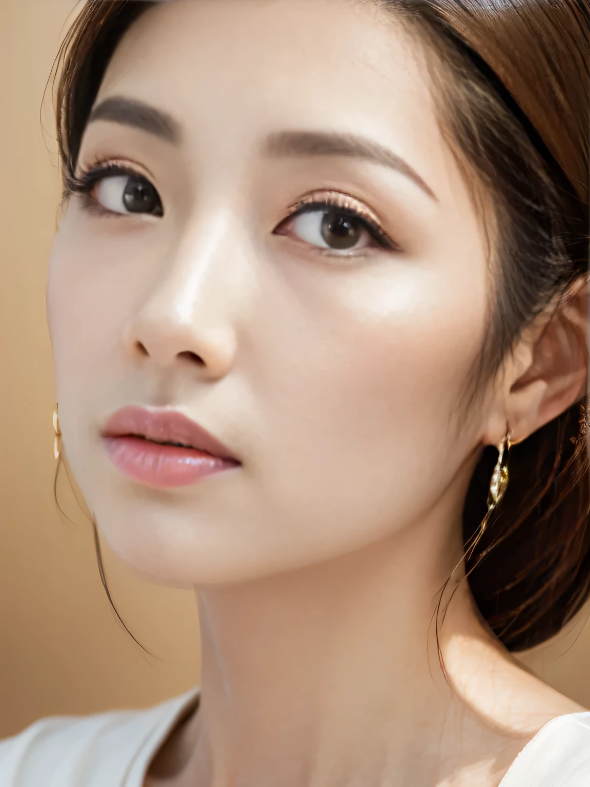 One Japanese woman、30 years old、open mouth, (surprised:1.4), wide eyes, hoop earrings, brown hair, short ponytail, hair slicked back, Perfect Makeup、Eyeliner、eye shadow、Lip gloss、depth of field, uhd, textured skin, super detail, high details, best quality, 16K