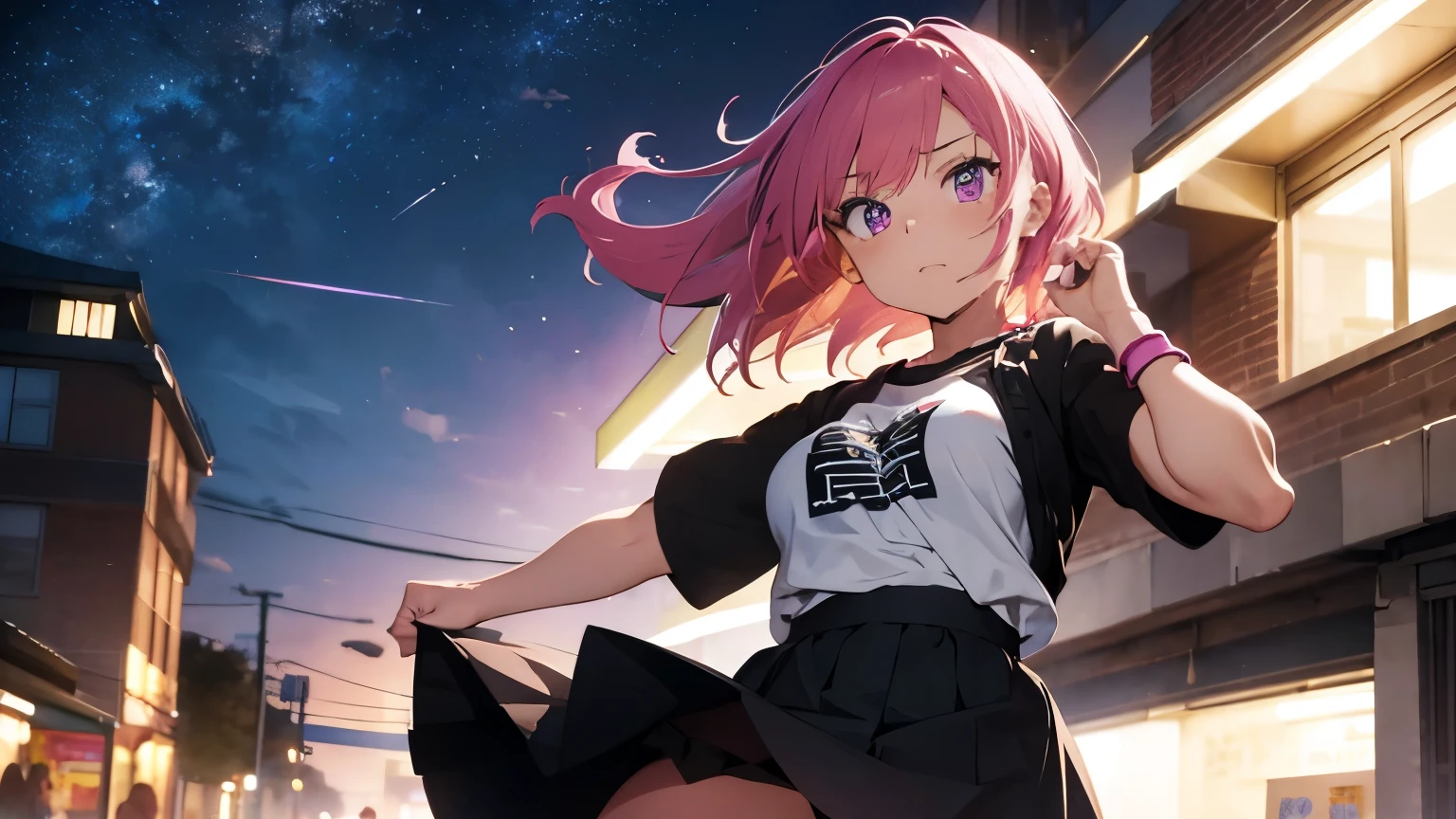 A 22-year-old girl with a vibrant and explosive attitude, especially in stressful situations, is in a defiant posture. Her short bright pink hair shakes slightly while her purple eyes sparkle brightly.. He is clenching his fists, his expression showing a mix of frustration and determination. She wears a short-sleeved T-shirt that matches her energetic personality and a skirt that reaches her knees.. His pose reflects his indomitable spirit and strong character., ready to face any challenge that comes your way. (in a night environment)