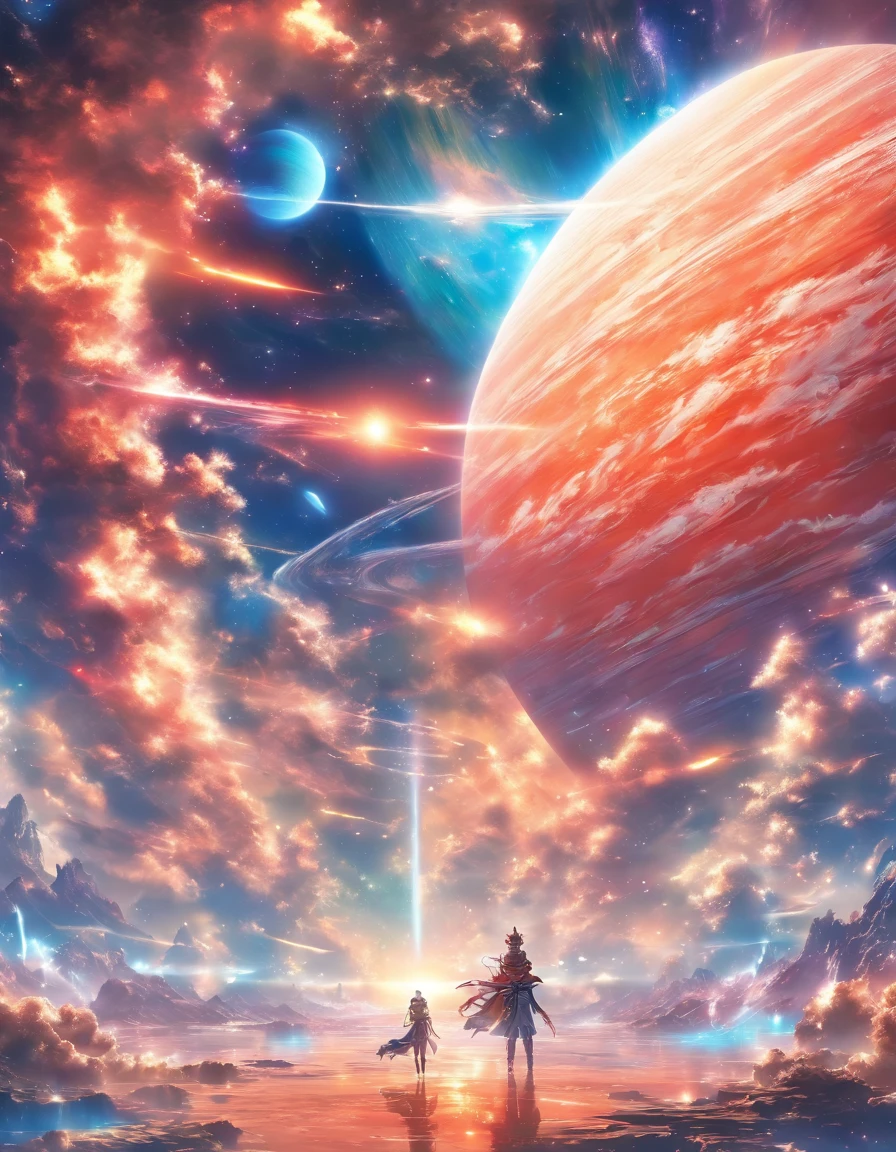 Large space ship entering the atmosphere of a giant planet in another galaxy planet with life-water bejetation, similar to data ships of live rate tors ships