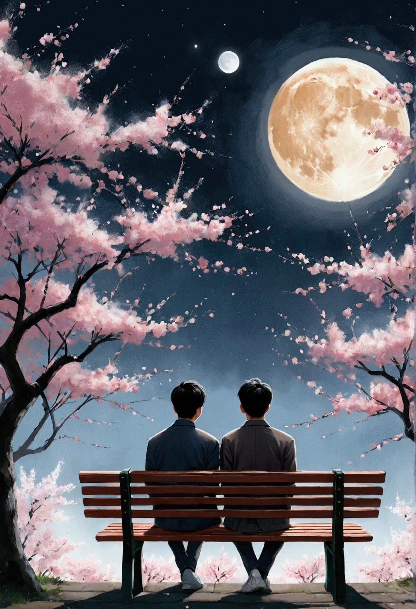 young asian man back view looking at the moon from a bench next to him cherry trees, the moon is slightly disintegrating, painting, illustration