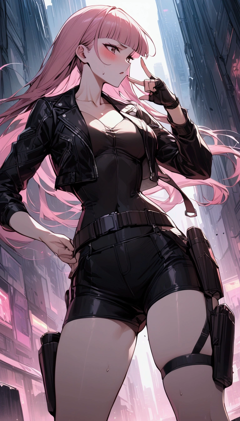 from below,dutch angle,from side,{{masterpiece}}, {{{Highest quality}}},{{Very detailed}},{{Fight}},{{fighting stance:1.6}},{{Cyberpunk style female warrior}},{{critical situation:1.6}},{{cyberpunk}},Beautiful thighs,1girl,30years old,{Mature Woman}},,{{Tight leather jacket:1.2}},belt,black fingerless gloves,Mini Length One-piece Dresses．Clavicle,　slender legs,　skirt,holster,{{Grit your teeth:1.4}},,{{v-shaped eyebrows}},Bad mood,blush,Sweat,raise one's eyebrows　,{{View your viewers}}、pink straight long hair ,blunt bangs．abdominal pain ,{{pain}}, 