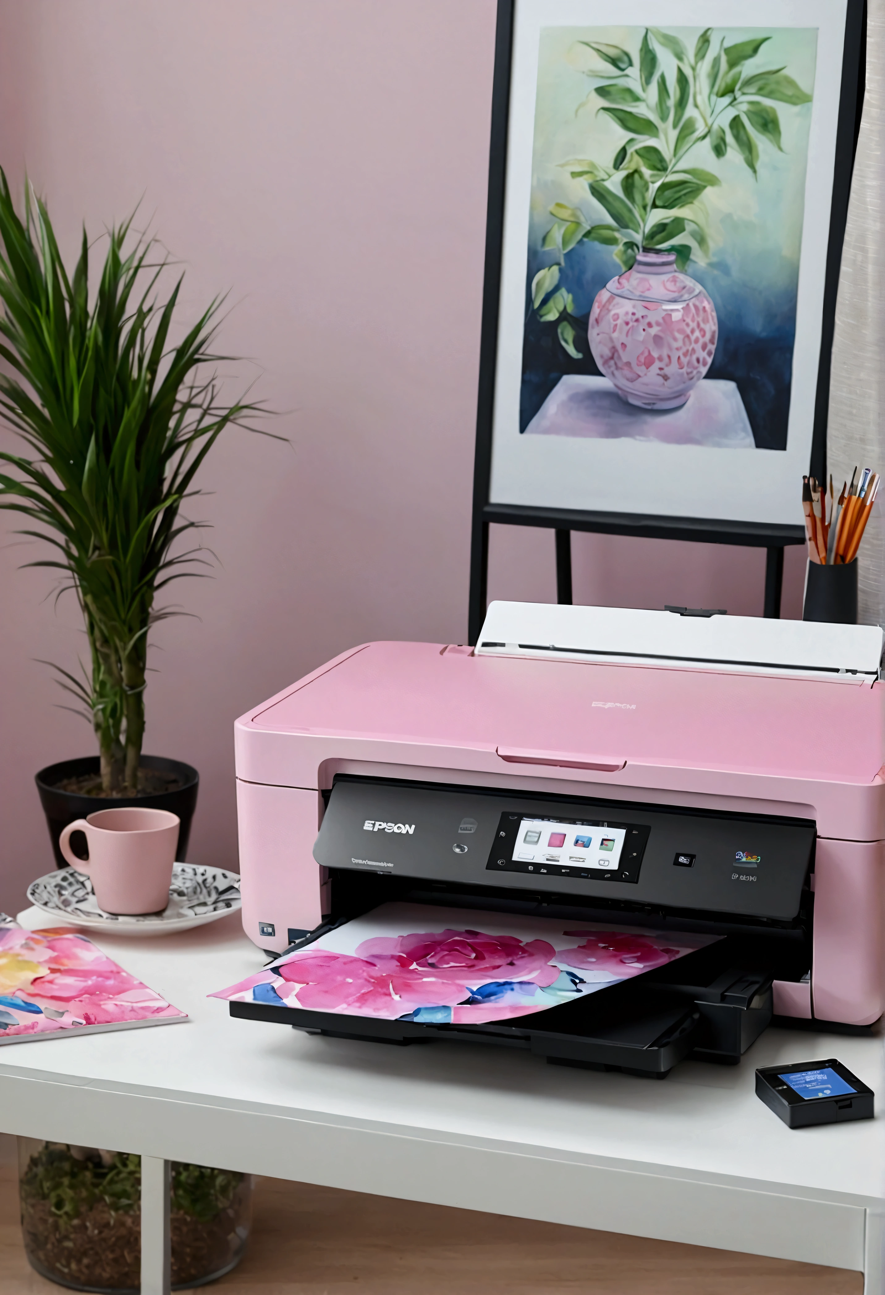 Painting of an Epson l3250 printer in pink and white on a beautiful table next to the printer a desktop computer next to it