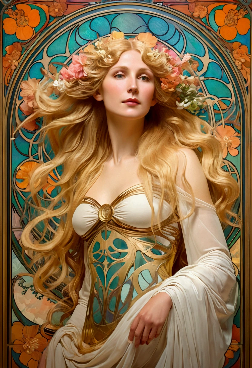 European woman portrait, Waist, Long flowing hair, Blonde, Oil painting feeling, Model imposing flower frame, decorative panel, abstraction, directed by: Alphonse Mucha (Main part, extremely high quality, High resolution: 1.4), detailed, intricate details, 4K, splash of color, Line art, Fibonacci, Wear underwear, 