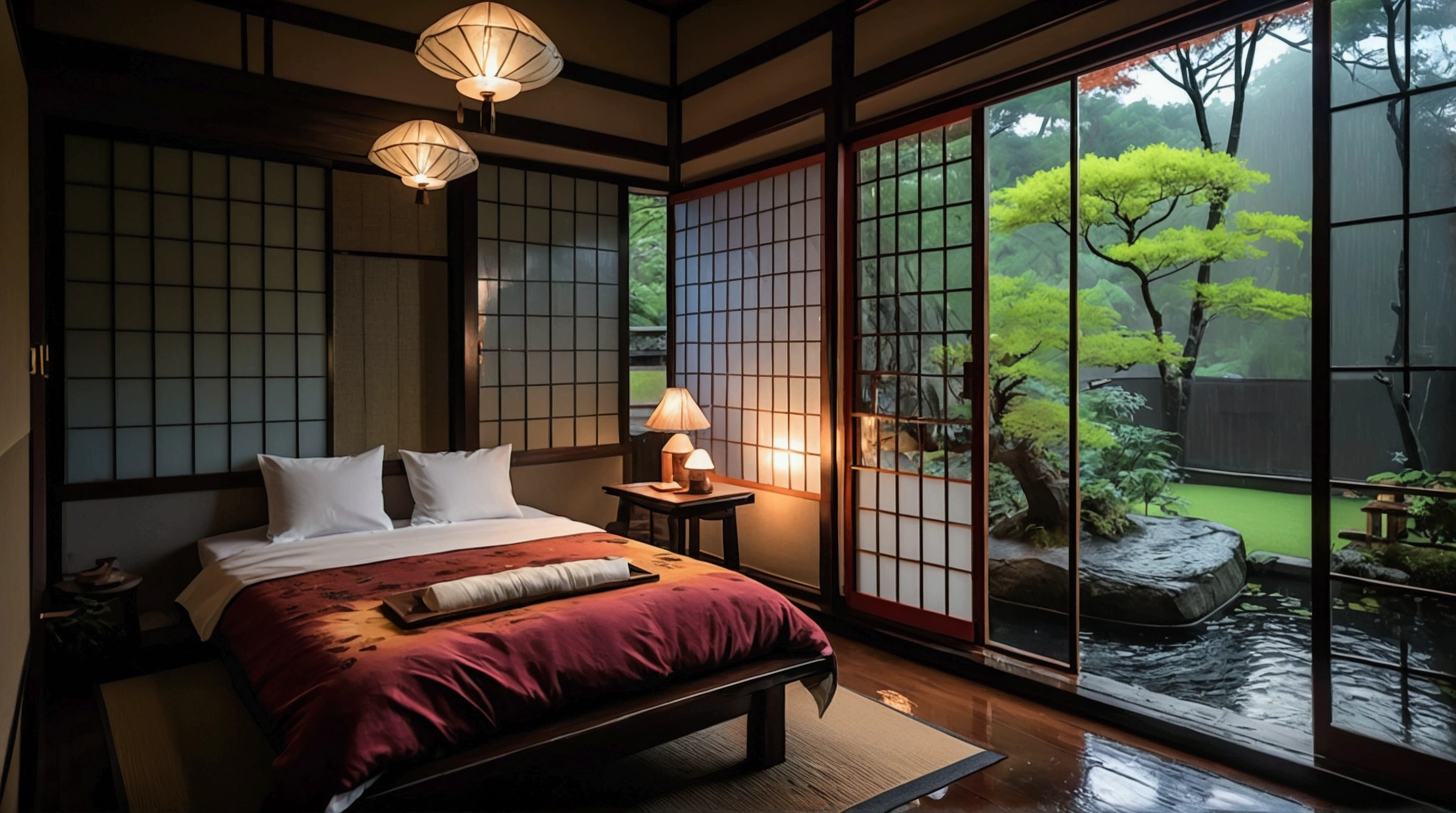 A traditional Japanese-style room with a large window overlooking a lush, colorful garden. The room has tatami mats, shoji screens, and a low table with candles. Outside, the garden features vibrant red maple trees and a small pond or stream