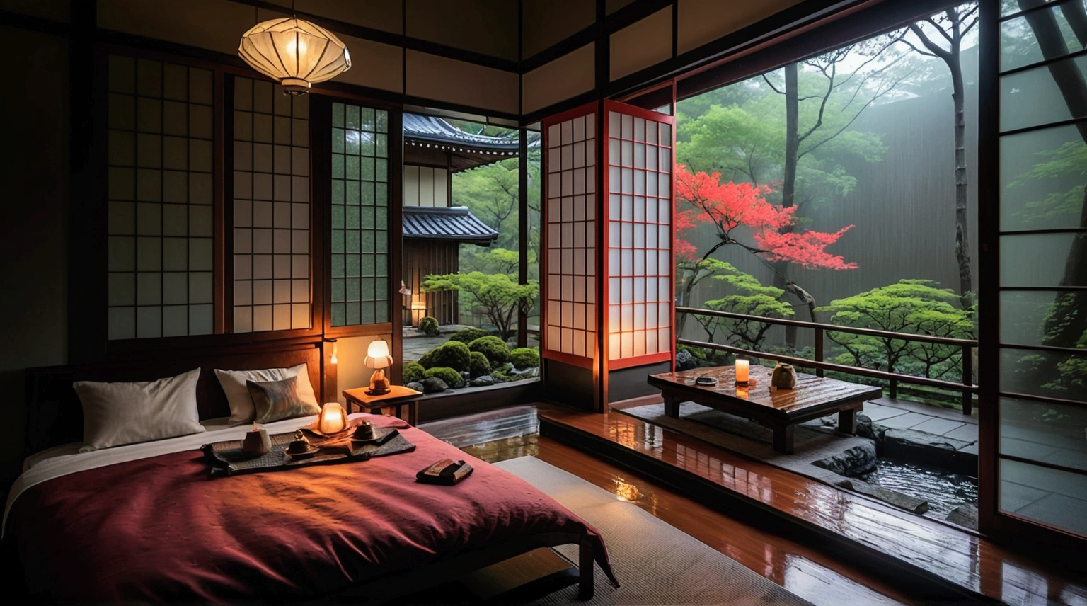 A traditional Japanese-style room with a large window overlooking a lush, colorful garden. The room has tatami mats, shoji screens, and a low table with candles. Outside, the garden features vibrant red maple trees and a small pond or stream