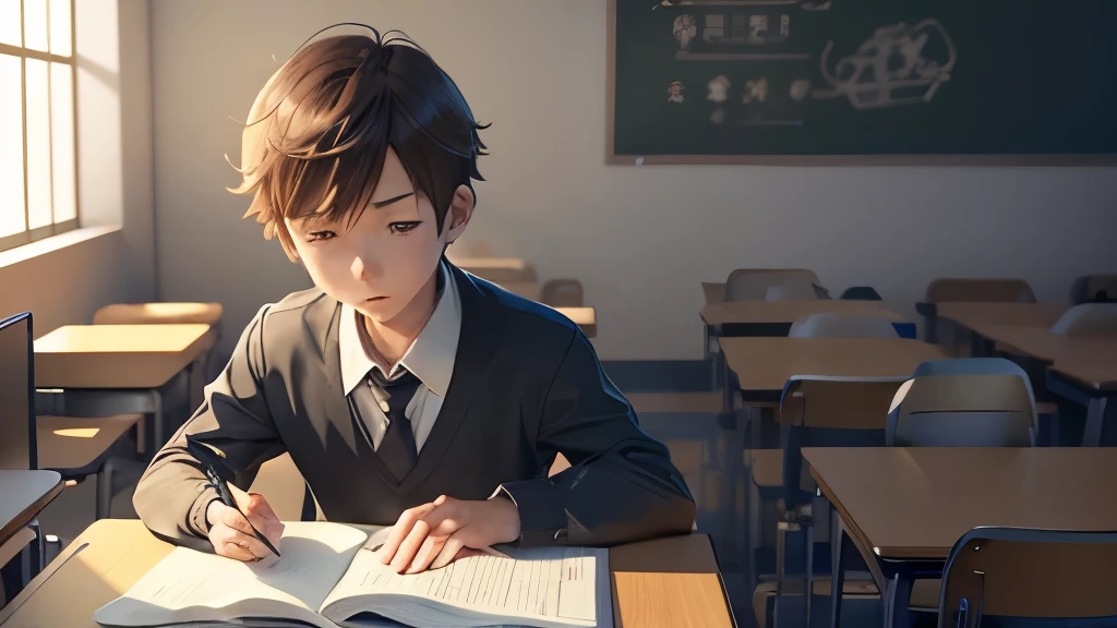 Boy breathing deeply in a classroom surrounded by other children, an anime drawing inspired by Goro Fujita, pixiv, what is?, concept art of a single guy, 3d realistic anime style., in anime style, in an anime style, Detailed anime character art, digital anime illustration, detailed digital anime art, clean and detailed anime style, stylized anime