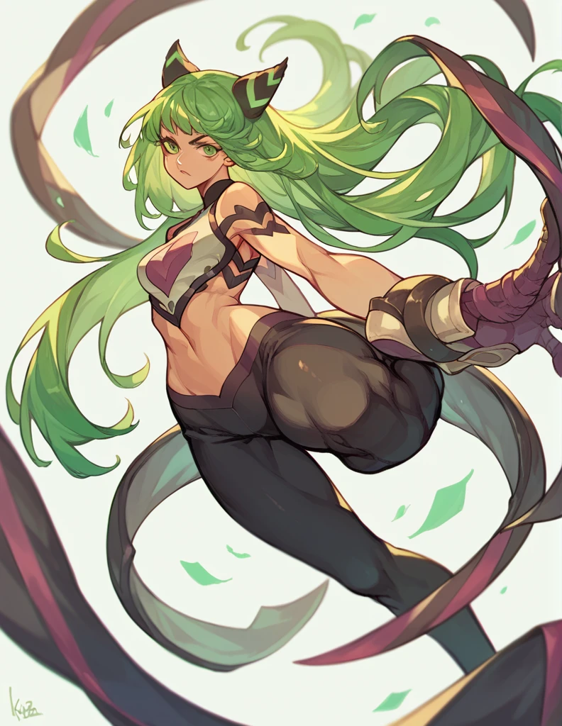 Woman, Kizi, long  hair, green haired, greeneyes, Calça leggings verde, leggings verde, tails, Queen 