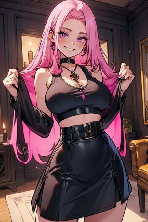 Perfect face. Perfect hands. A pink haired woman with violet eyes and an hourglass figures in a leather skirt and tank top is writing in a gothic living room with a big smile