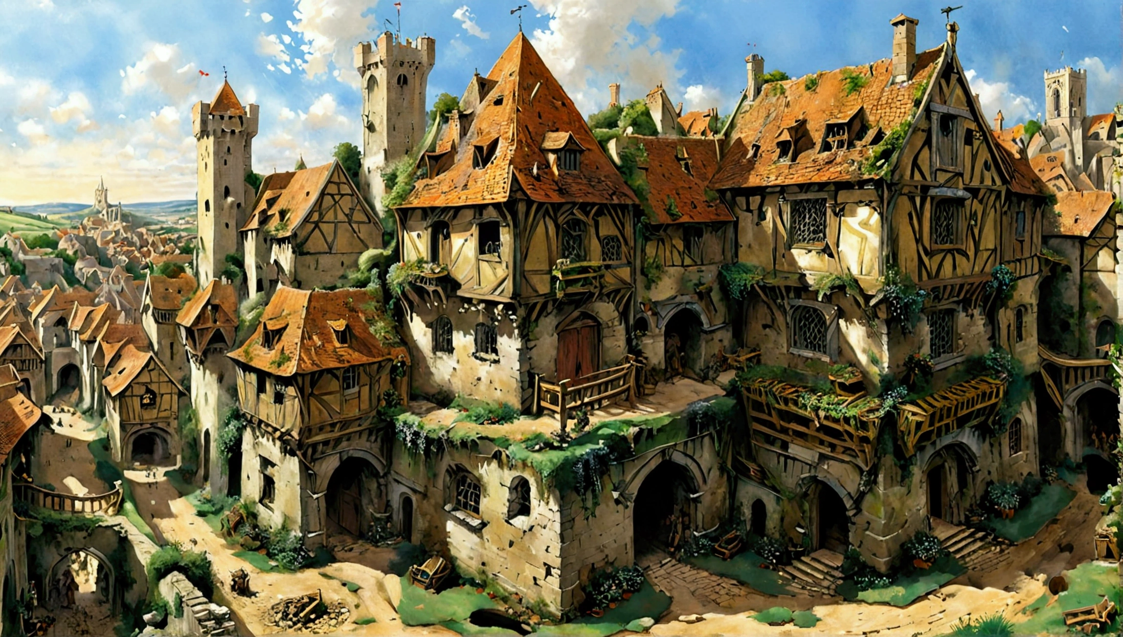 Créez des chefs-d'œuvre dystopiques,Représentez le paysage urbain medieval détruit dans un style artistique conceptuel de jeu réaliste.. L'œuvre d'art doit évoquer un sentiment de désolation et de désespoir medieval . Gardez un œil sur les subtilités des détails, netteté, et une description très détaillée de la ville en ruines. Inspirez-vous des styles artistiques de Alan Lee, Jef Murray. Livrez cette image au format d'affichage vidéo, Montrez la sombre beauté de ce monde en décomposition.