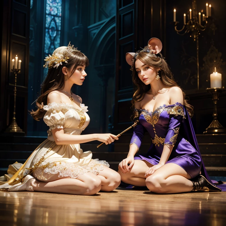 (​masterpiece, best quality:1.5), highest quality, High resolution, super detailed, Realists, Upper body photo of a brunette sorceress, detailed and beautiful eyes, beautiful detailed lips, very detailed eyes and face, longeyelashes, shiny satin dress, Holding a magic wand in your hand and performing eine Transformation spell, Glowing wands,  Beautiful and colorful makeup, elegant and noble々The jewelry bag, Gardens as background, soft daylight, bright colors, fine brushstrokes, Portrait style, Silk dress fabric, beautiful color palette, glowing skin, First-class rendering, that captures every detail, enchanting atmosphere, subtle shadows and lights, (perfect anatomy:1.2), (The two stunning sorceresses transform mice into shoes) (eine Transformation):1.4), (magnificent panorama view:1.2)