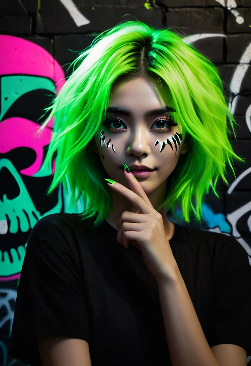 A mysterious giant eye in a dark, minimalist graffiti-style room, with a girl in an oversized black T-shirt and messy green fluorescent hair, hand raised and touching her hair. The girl has detailed eyes, lips, and face, with long lashes, pink eye shadow, and a grin showing shark teeth, making a middle finger gesture. The background is blurred, with a black wall and silhouettes, shrouded in darkness and a fluorescent green skull pattern graffiti. The lighting is fluorescent, creating a dark, edgy, and surreal atmosphere with expressive brushstrokes and a dynamic composition.