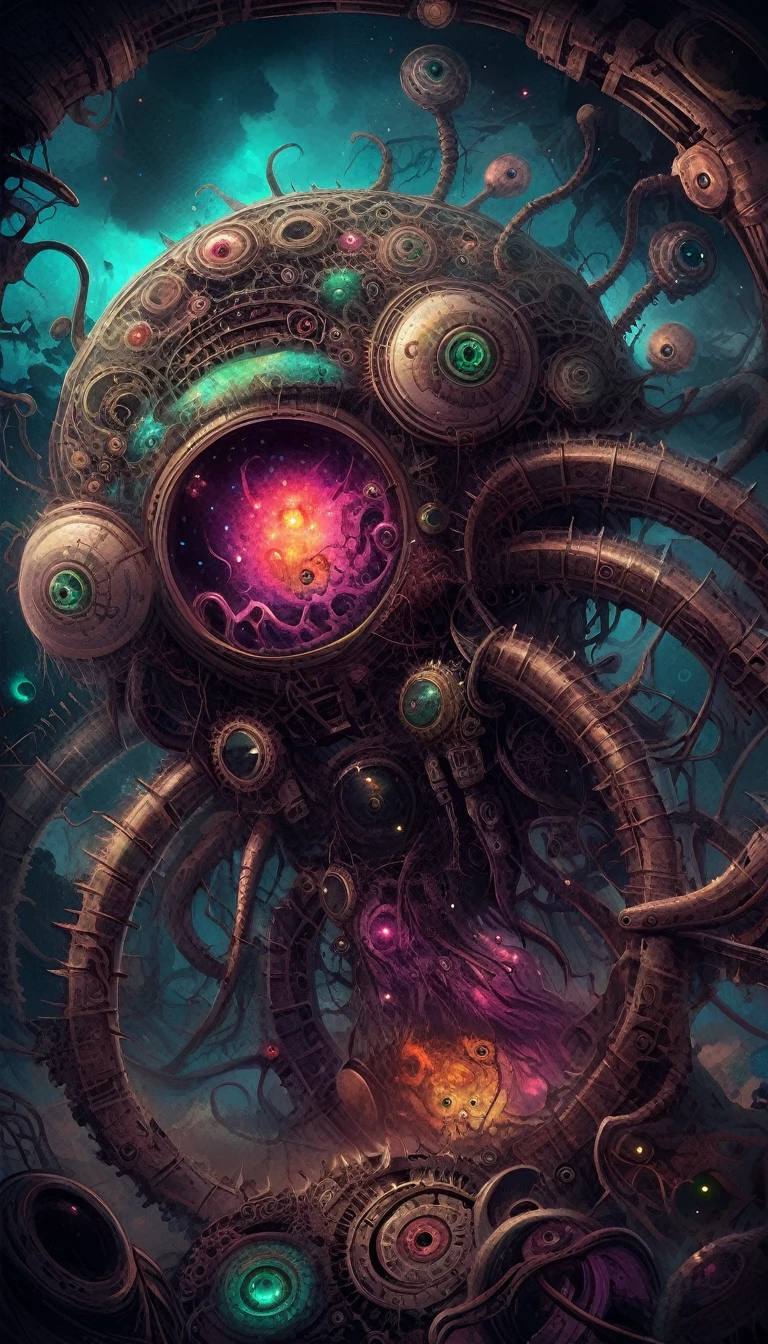 alien cosmic machinery creature, sci-fi horror, intricate details of mechanism, scary, doomy, moody atmosphere, psychodelic, space,