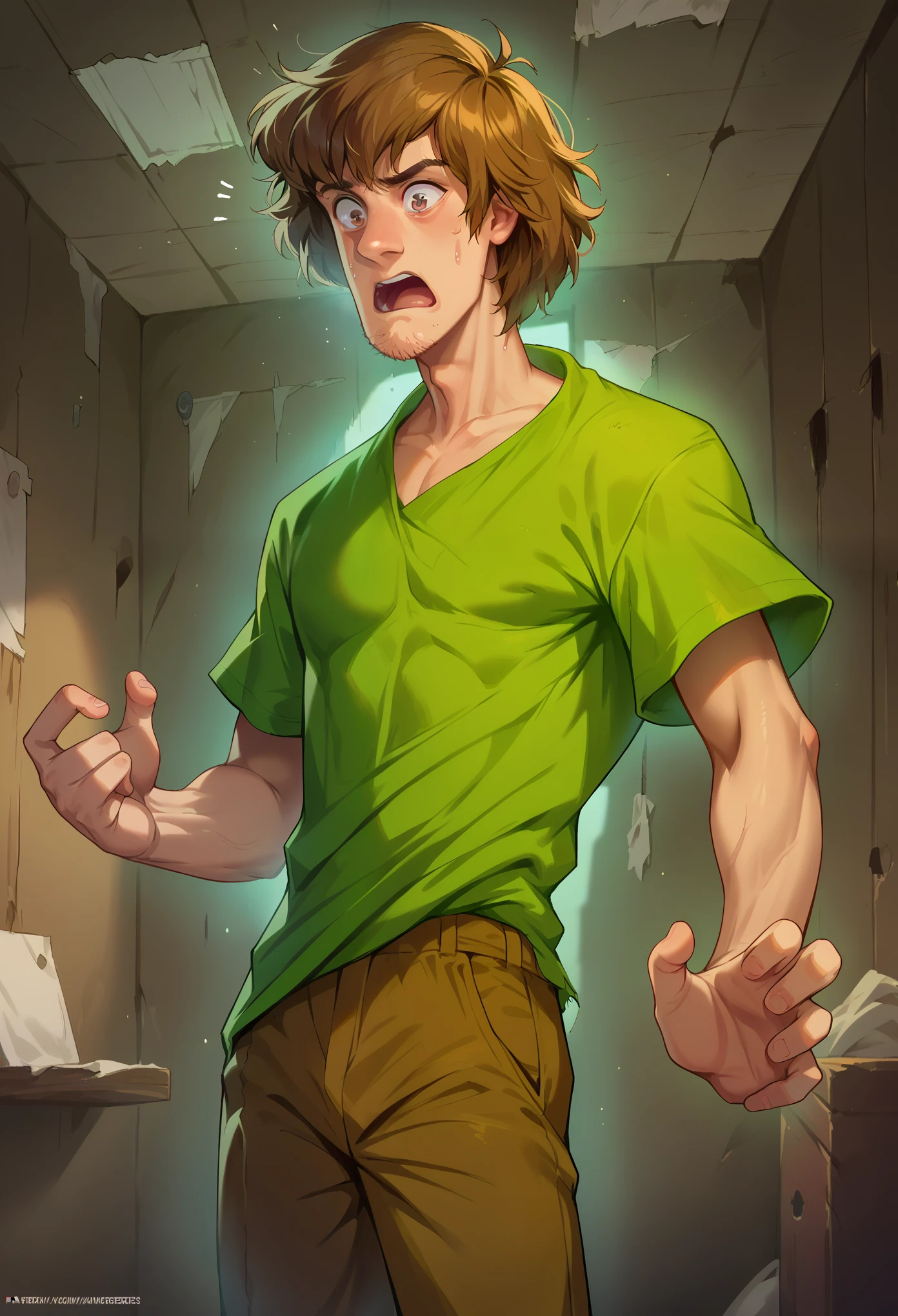 score_9, score_8_up, score_7_up, 1boy, solo, Shaggy Rogers, slender body, thin waist, brown hair, medium hair, green shirt, brown pants, standing, shocked face, looking down, inside a room, abandoned room, dark room, night