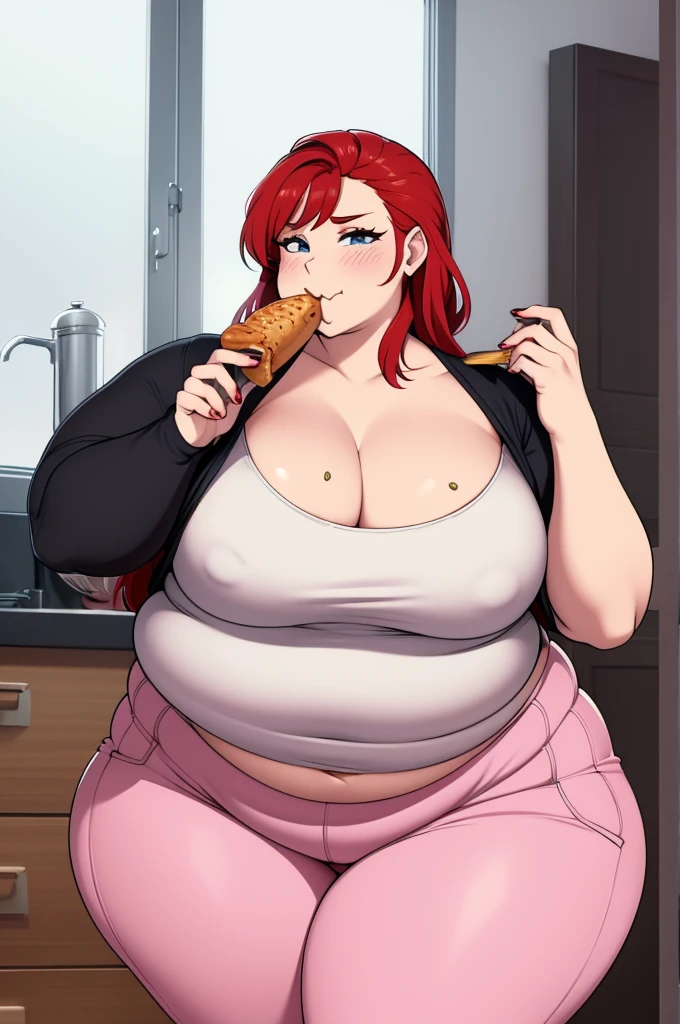 make redhaired ssbbw fat girl in too tight clothes at home she's eating more food from the kitchen