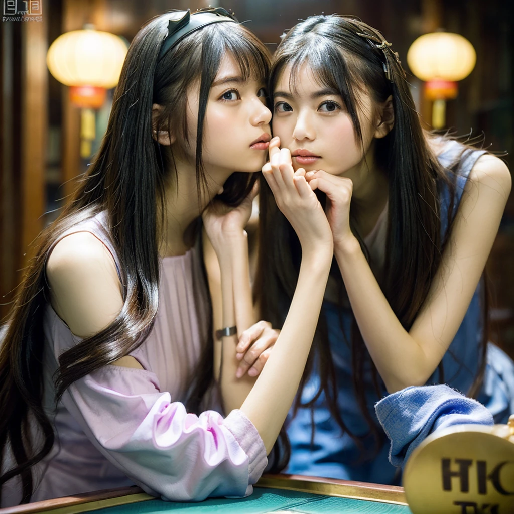 (Two Chinese stars of royal sister style,duo,caress,kiss), ((Highest quality, 8k, Tabletop: 1.3)), concentrated: 1.2, Perfect Body Beauty: 1.4 , (Interesting expressions), (City of night: 1.3), Highly detailed face and skin texture, Beautiful Eyes, double eyelid, Whitening the skin, (Air Van: 1.3), (Round your face: 1.5), (Thin strap top: 1.4),