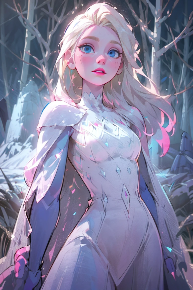 (snow_queen_elsa:1), frozen, (white dress, white cape, blue details dress, long hair, blonde hair, blue eyes, pink lips, pale skin:1.5), (loose hair:1.5), ((blue eyes)), (dress:1), (long dress), cartoony facial features, large round eyes, (white blonde hair:0.9), (realistic:1.2), (masterpiece:1.2), (full-body-shot:1),(Cowboy-shot:1.2), snow, snowing, mountain background, light particles, snow forest background, neon lighting, dark romantic lighting, (highly detailed:1.2),(detailed face:1.2), (gradients), colorful, detailed eyes, (detailed landscape:1.2), (natural lighting:1.2),(detailed background),detailed landscape, (dynamic pose:1.2), close shot, solo,