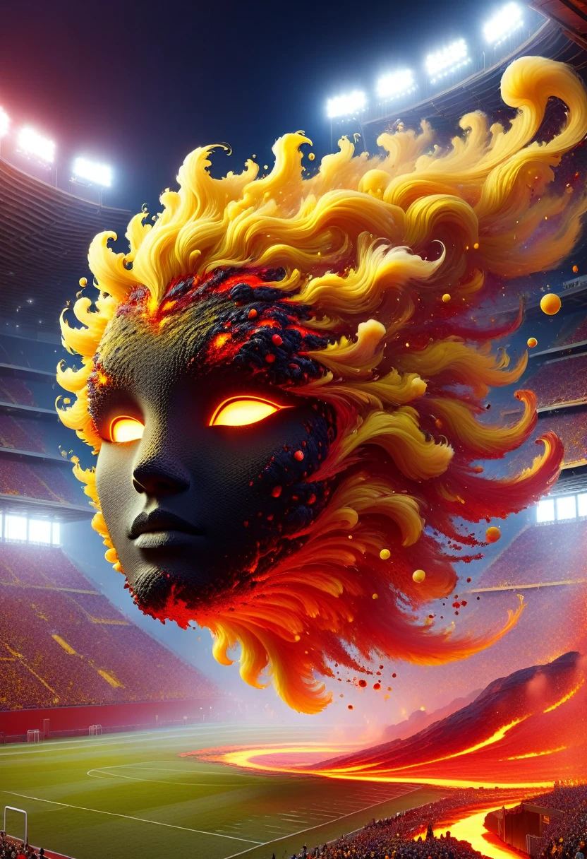 hyper detailed masterpiece, dynamic, awesome quality, floating tiny yellow and red lava gravity over a football stadium packed with fans