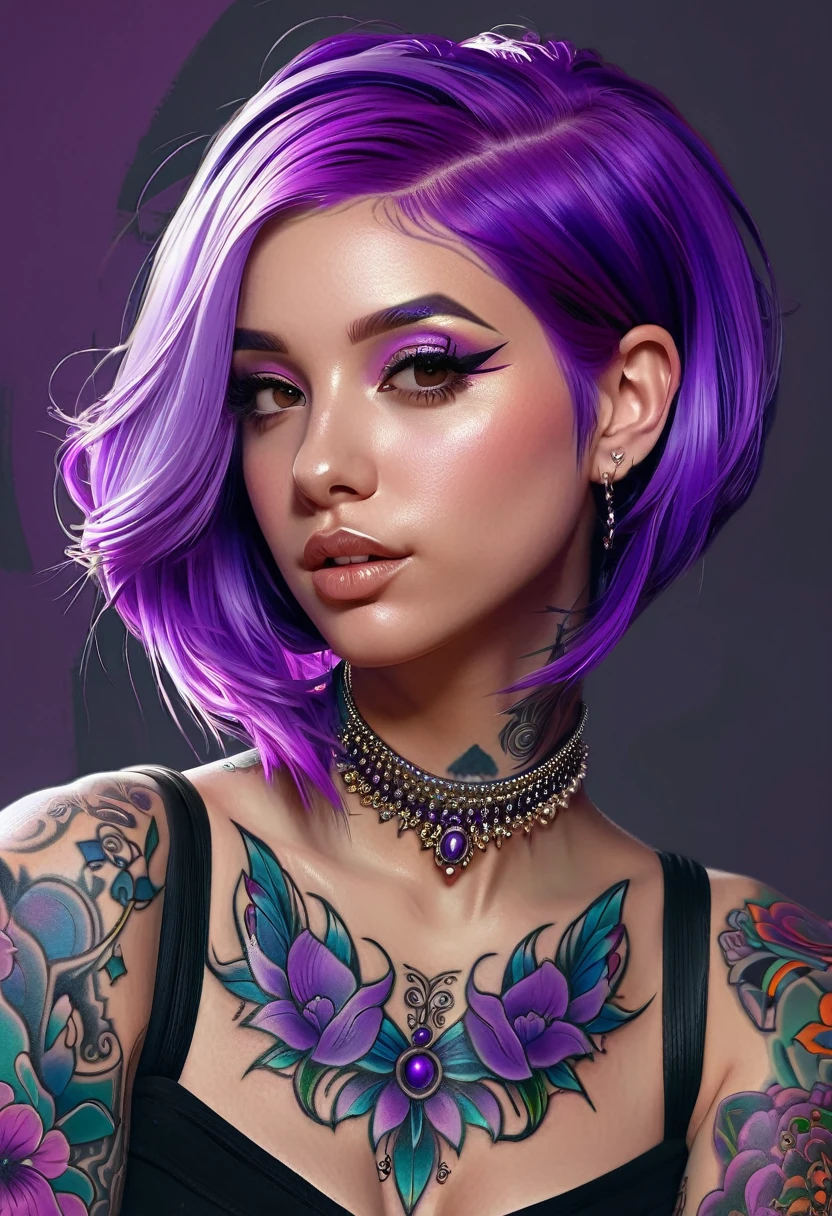 arafed woman with purple hair and tattoos posing for a picture, stunning digital illustration, gorgeous digital painting, a beautiful artwork illustration, cgsociety portrait, adorable digital painting, cute face. dark fantasy, beautiful digital artwork, beautiful digital illustration, beautiful character painting, childrens art in artstation, fantasy art portrait, deviantart artstation cgscosiety, beautiful digital painting