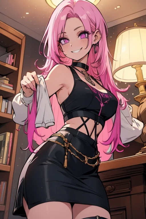 Perfect face. Perfect hands. A pink haired woman with violet eyes and an hourglass figures in a leather skirt and tank top is writing in a gothic living room with a big smile