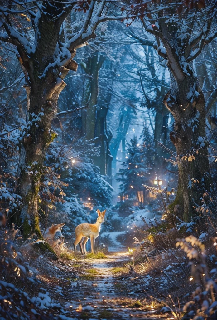 the forest (fabulous winter with animals hares foxes hedgehogs) New Year's atmosphere (a garland is stretched between the trees, everything around glows and shines)