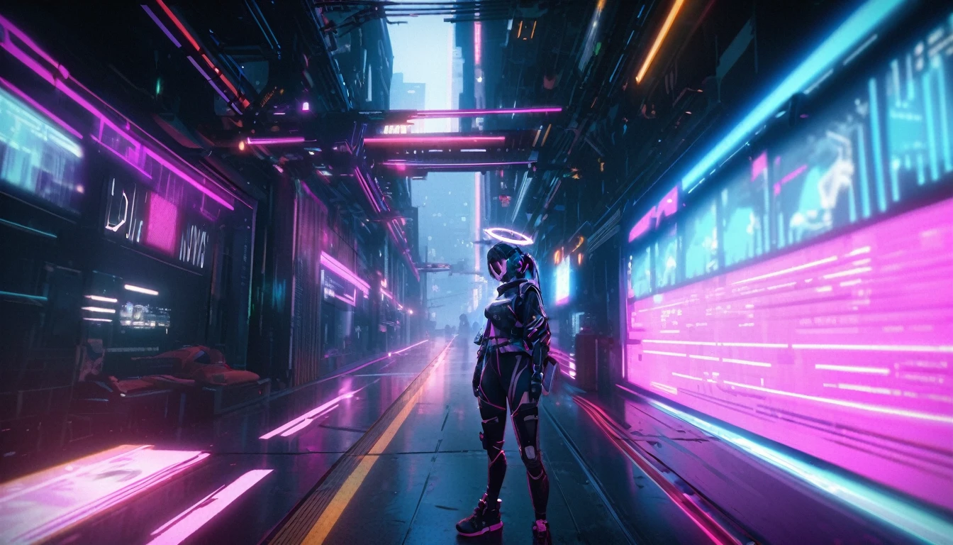 ninja，Holographic reality，holographic halo，motionblur，Game lighting effects，rim-light，Soft light，cinematic rim light，Delicate light，cyber punk style，，full-shot, meticuloso，Futuristic