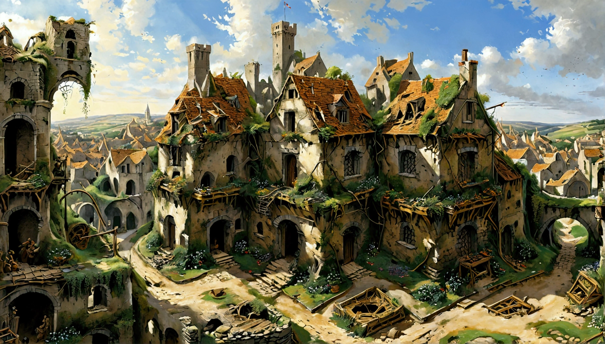 Créez des chefs-d'œuvre dystopiques, représentez un paysage villageois médiéval détruit dans un style artistique conceptuel de jeu réaliste.. L'œuvre d'art doit évoquer un sentiment de désolation et de désespoir médiéval . Gardez un œil sur les subtilités des détails, netteté, et une description très détaillée de la ville en ruines. Inspirez-vous des styles artistiques de Alan Lee, Jef Murray. Livrez cette image au format d'affichage vidéo, Montrez la sombre beauté de ce monde en décomposition.
