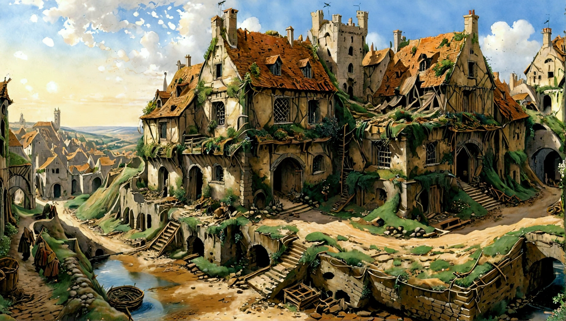Créez des chefs-d'œuvre dystopiques, représentez un paysage villageois médiéval détruit dans un style artistique conceptuel de jeu réaliste.. L'œuvre d'art doit évoquer un sentiment de désolation et de désespoir médiéval . Gardez un œil sur les subtilités des détails, netteté, et une description très détaillée de la ville en ruines. Inspirez-vous des styles artistiques de Alan Lee, Jef Murray. Livrez cette image au format d'affichage vidéo, Montrez la sombre beauté de ce monde en décomposition.