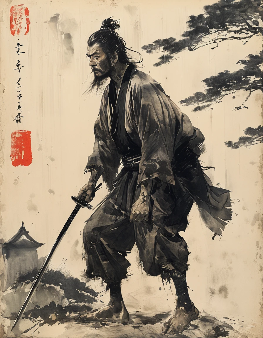 Japanese Ink painting portrait of full body Japanese samurai holding a katana facing viewer, there is a Japanese pagoda in the distance