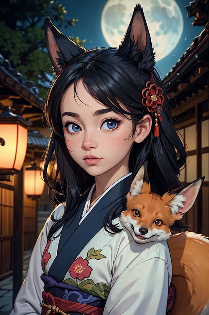 realistic, analog photo, Masterpiece, RAW photo, full-length portrait, hyper realistic, ultra detailed image, Kizune, (mythical Creature of Japanese Mythology And Folklore), detailed portrait of anthropomorphic she-fox, with fox tail, in traditional japan garden, moonlight, little spotlight, fractal, cover, detailed background, depth of field, HOF, hall of fame, detailed beautiful eyes, detailed beautiful face, natural body posture, lifelike skin texture, kodak portra 400, 16k, ultra detailed, bokeh lighting, dark fantasy atmospheric, fantasy aura, film grain, cinematic light, cinematic composition, depth of field, rim light