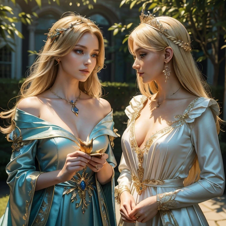 (masterpiece, best quality:1.5), highest quality, High resolution, super detailed, Realists, Upper body photo of a blonde sorceress, detailed and beautiful eyes, beautiful detailed lips, very detailed eyes and face, longeyelashes, shiny satin dress, Holding a magic wand in your hand and performing a transformation spell, Magic wands present and shining, Beautiful and colorful makeup, elegant and noble々The jewelry bag, Gardens as background, soft daylight, bright colors, fine brushstrokes, Portrait style, Silk dress fabric, beautiful color palette, glowing skin, First-class rendering, that captures every detail, enchanting atmosphere, subtle shadows and lights, (perfect anatomy:1.2), (The two breathtaking sorceresses transform birds into jewelry (a transformation):1.4), (magnificent panorama view:1.2)