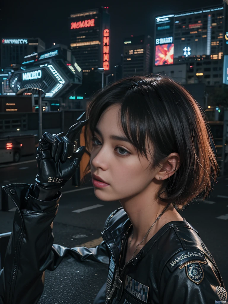 street shot of Cyberpunk Police Officer, Police Uniform, with handcuffs in hands, seductive, high heels, stockings, neon lights, perfect fit body, seductive, hdr, toned abs, tatoo, exquisite details and textures, highly detailed face, hdr, detailed skin, detailed body, detailed hair, volumetric fog, high quality, detailed, film grain, lens flare, nsfw, hourglass body shape, intricate details, photo realistic, 8k, cinematic lighting, atmospheric, hyperdetailed, seductive look, outdoors, black_and_color. Urban, casual, candid, trendy