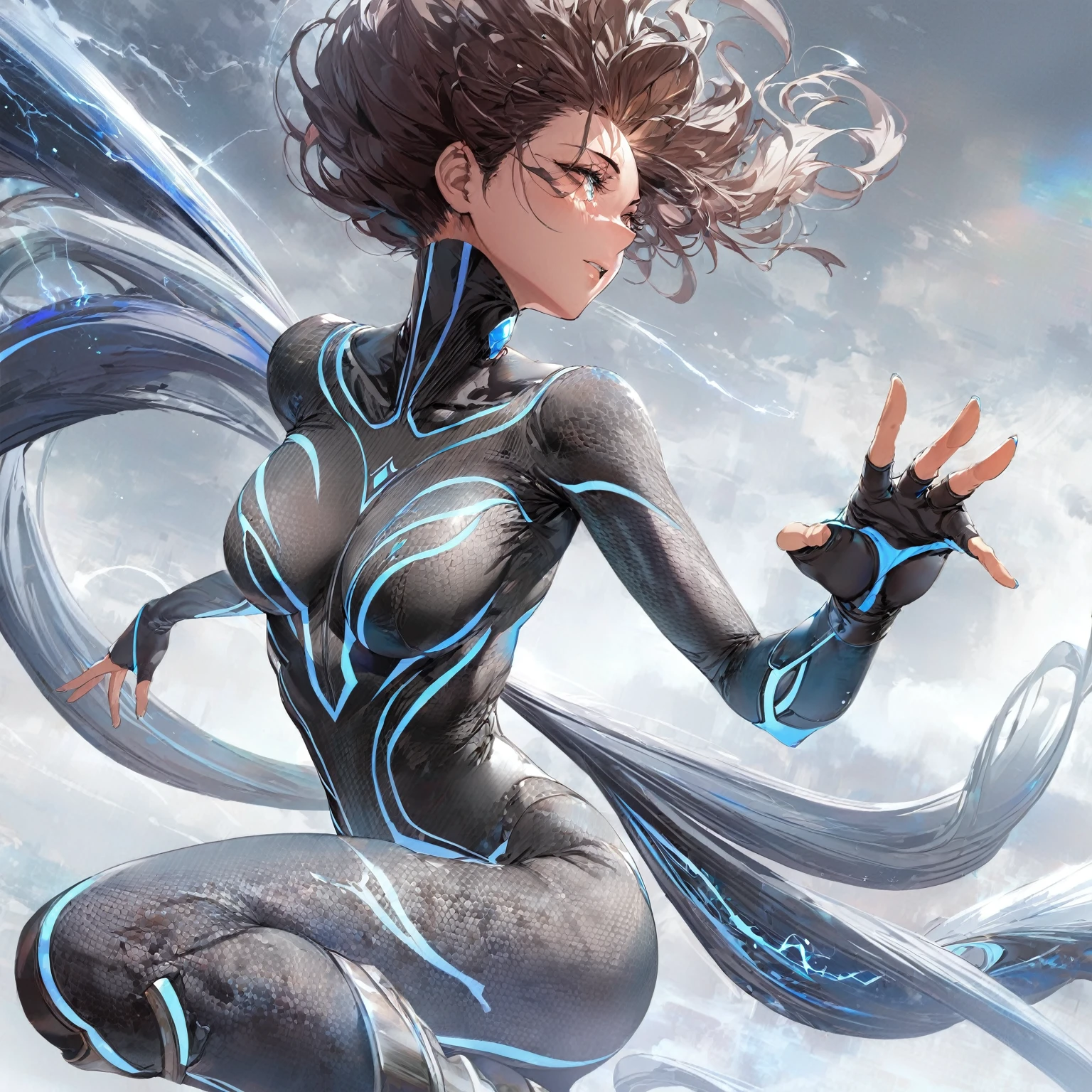 A female character with a sleek, aerodynamic outfit resembling swirling storm clouds, accented with electric blue and dark gray, her bodysuit has swirling patterns suggesting wind currents, a high collar, her gloves and boots are streamlined and pointed for agility, her hair is wild and windswept, and she strikes a dynamic pose as if summoning a tornado, with a simple, stormy sky background, NSFW, (nude:0.9) detailed gorgeous face| anime style| key visual| intricate detail| highly detailed| breathtaking| vibrant| panoramic| cinematic| Carne Griffiths| Conrad Roset| gibbli 8k