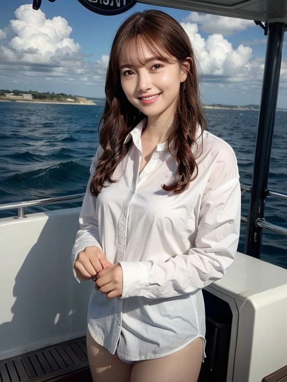 Cute woman、White shirt、mile、Open chest shirt、(A wet shirt with underwear showing through)、Wet Hair、Gazing at the sea、smile、Hibiscus flower、On the boat

