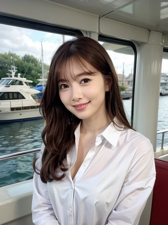 Cute woman、White shirt、mile、Open chest shirt、(A wet shirt with underwear showing through)、Wet Hair、Gazing at the sea、smile、Hibiscus flower、On the boat