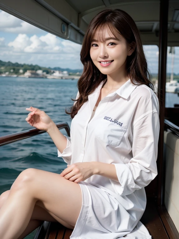 Cute woman、White shirt、mile、Open chest shirt、(A wet shirt with underwear showing through)、Wet Hair、Gazing at the sea、smile、Hibiscus flower、On the boat


