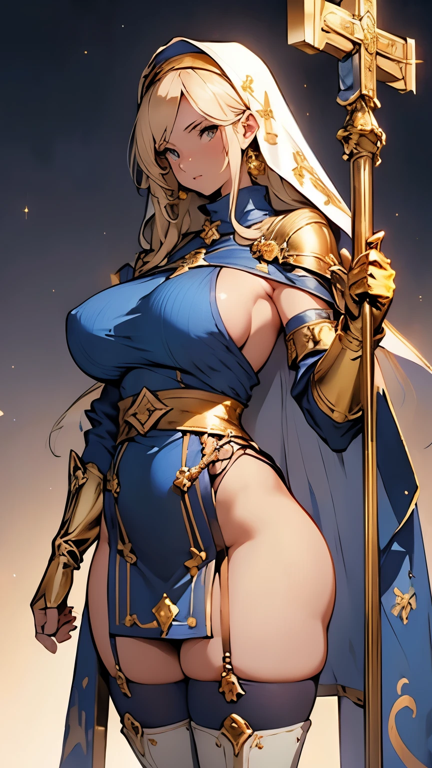 Blonde、Nuns、(Great gold gauntlet、Gold boots)、(Blue turtleneck dress、Blue tight mini skirt、White knee-high socks、Gold Garter Belt、Gold string panties )、(Huge breasts、Sideboob、Wide Hips、Thick thighs、Plump、curve、glamorous)、NSFW、Holding a giant gold cross mace