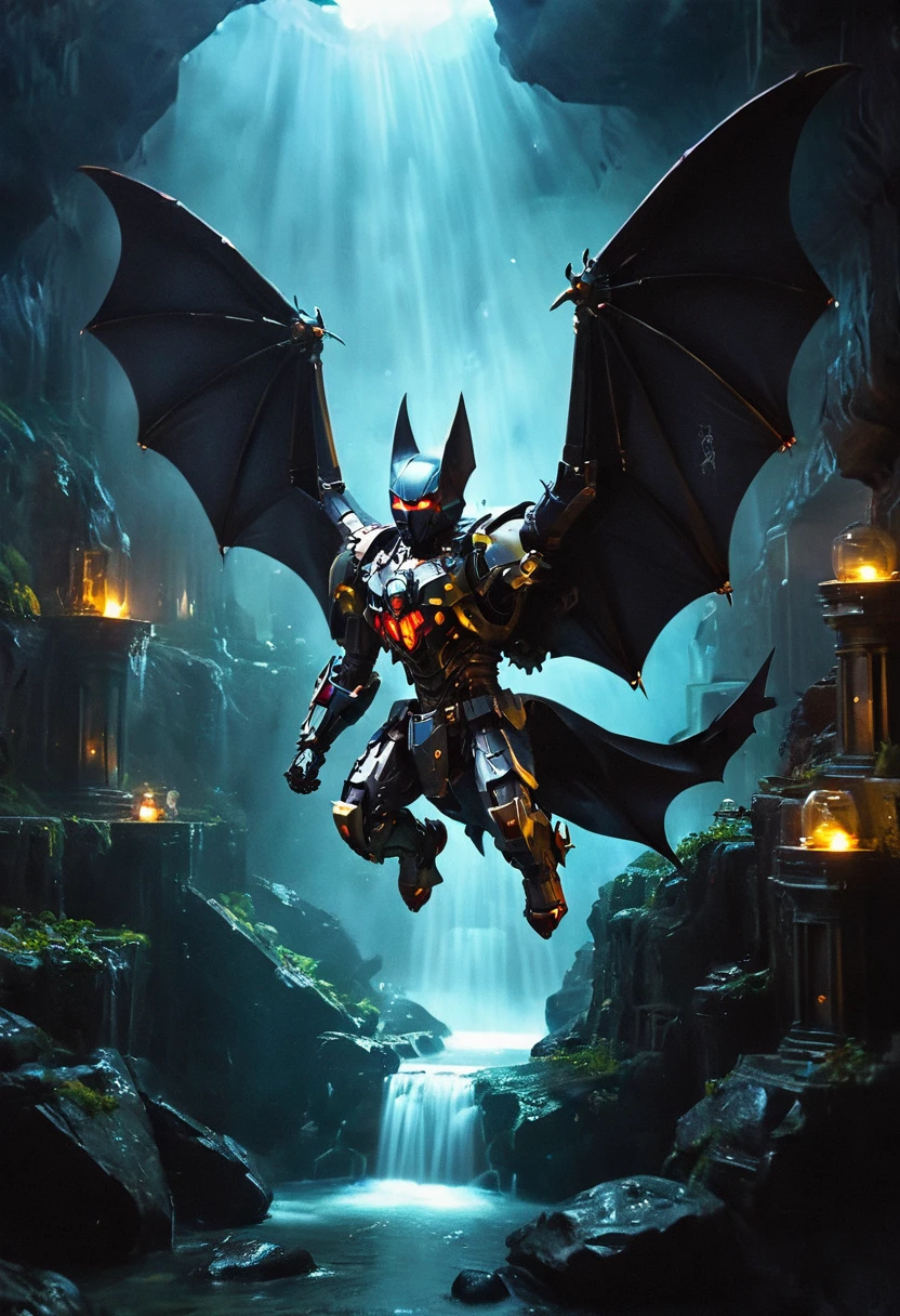 a portrait of a flying ((mechanical bat: 1.2)) in a dark cave, an epic mechanical bat ((full body: 1.5)), ((anatomically correct: 1.5)), (ultra detailed face: 1.2), yellow eyes, mechanical eyes, glowing eye, blacj and purple wings, mechanical wings, in the dark rock cave, there is a stream of water, dark cave background, vibrant, Ultra-high resolution, High Contrast, (masterpiece:1.5), highest quality, Best aesthetics), best details, best quality, highres, 16k, (ultra detailed: 1.5), masterpiece, best quality, (extremely detailed) RAW, (ultra details, Masterpiece, best quality), MechanicusStyleAI