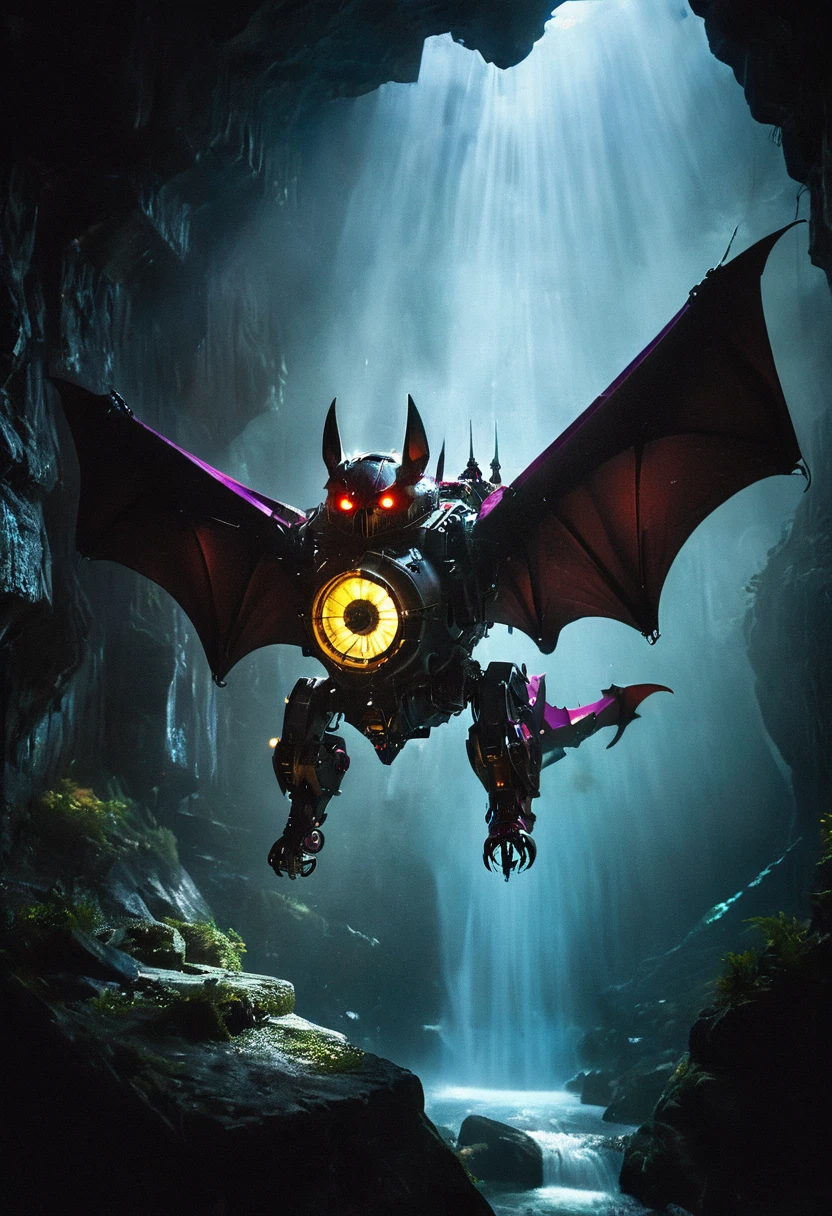 a portrait of a flying ((mechanical bat: 1.2)) in a dark cave, an epic mechanical bat ((full body: 1.5)), ((anatomically correct: 1.5)), (ultra detailed face: 1.2), yellow eyes, mechanical eyes, glowing eye, blacj and purple wings, mechanical wings, in the dark rock cave, there is a stream of water, dark cave background, vibrant, Ultra-high resolution, High Contrast, (masterpiece:1.5), highest quality, Best aesthetics), best details, best quality, highres, 16k, (ultra detailed: 1.5), masterpiece, best quality, (extremely detailed) RAW, (ultra details, Masterpiece, best quality), MechanicusStyleAI