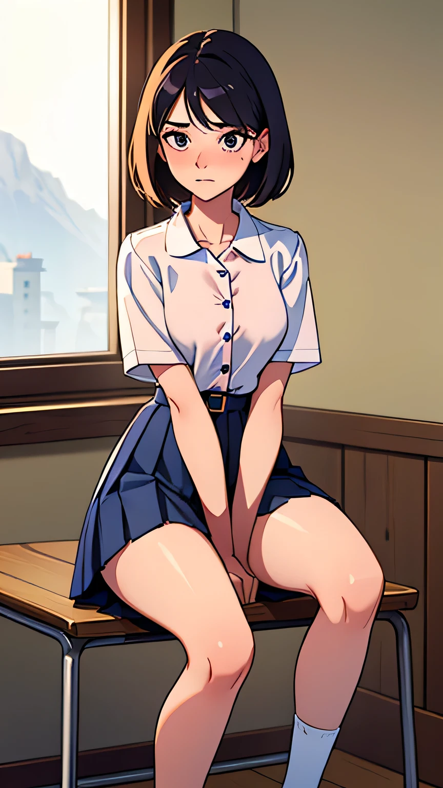 ((best qualityer)), ((work of art)), (detailded), face perfect, class room, slender 14 year old ager, (((sitting down))), (((legs together, Knee flexion))), ((((plain white shirt with buttons)))), (((dark blue pleated skirt))), (((plain pink panties))), (((peak of the raised skirt))), (((skinny thighs))), (((Waist slender))), ((surprise:1.4)), ((blushful:1.3)), chestnut hair, hypdertailed